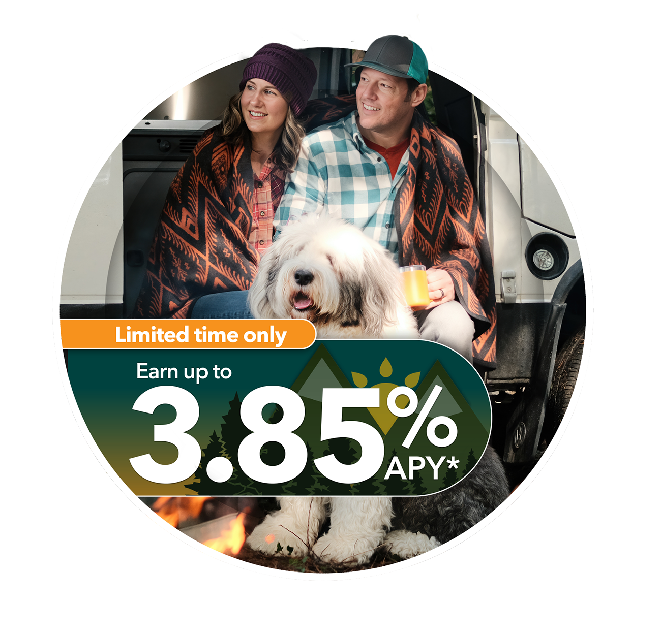 Promotional graphic advertising a limited time offer to earn up to 3.85% APY with a picture of a couple and their dog camping.