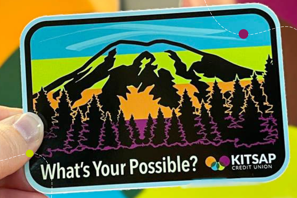 March Sticker with a mountain trees and a sunset